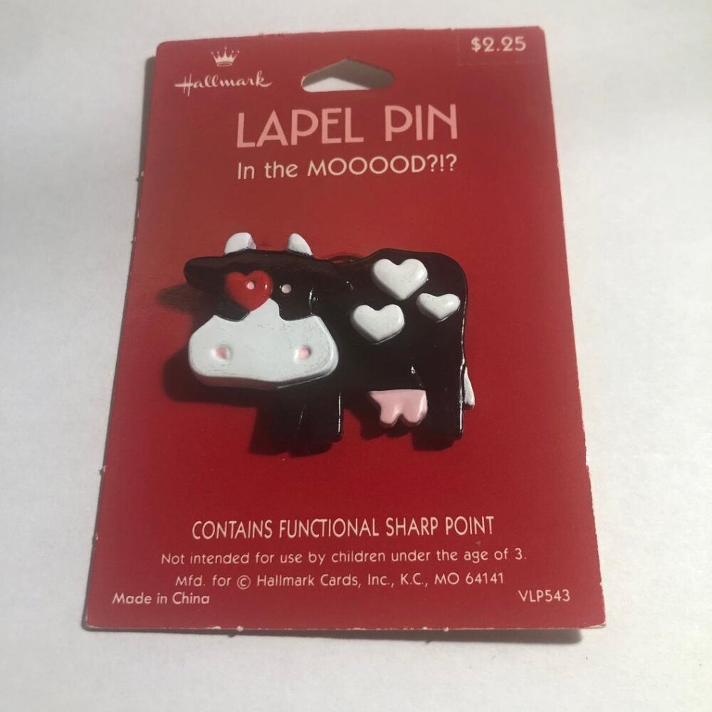 New Vintage Hallmark Valentine Lapel Pin In The Mooood? Black White Cow Brooch
